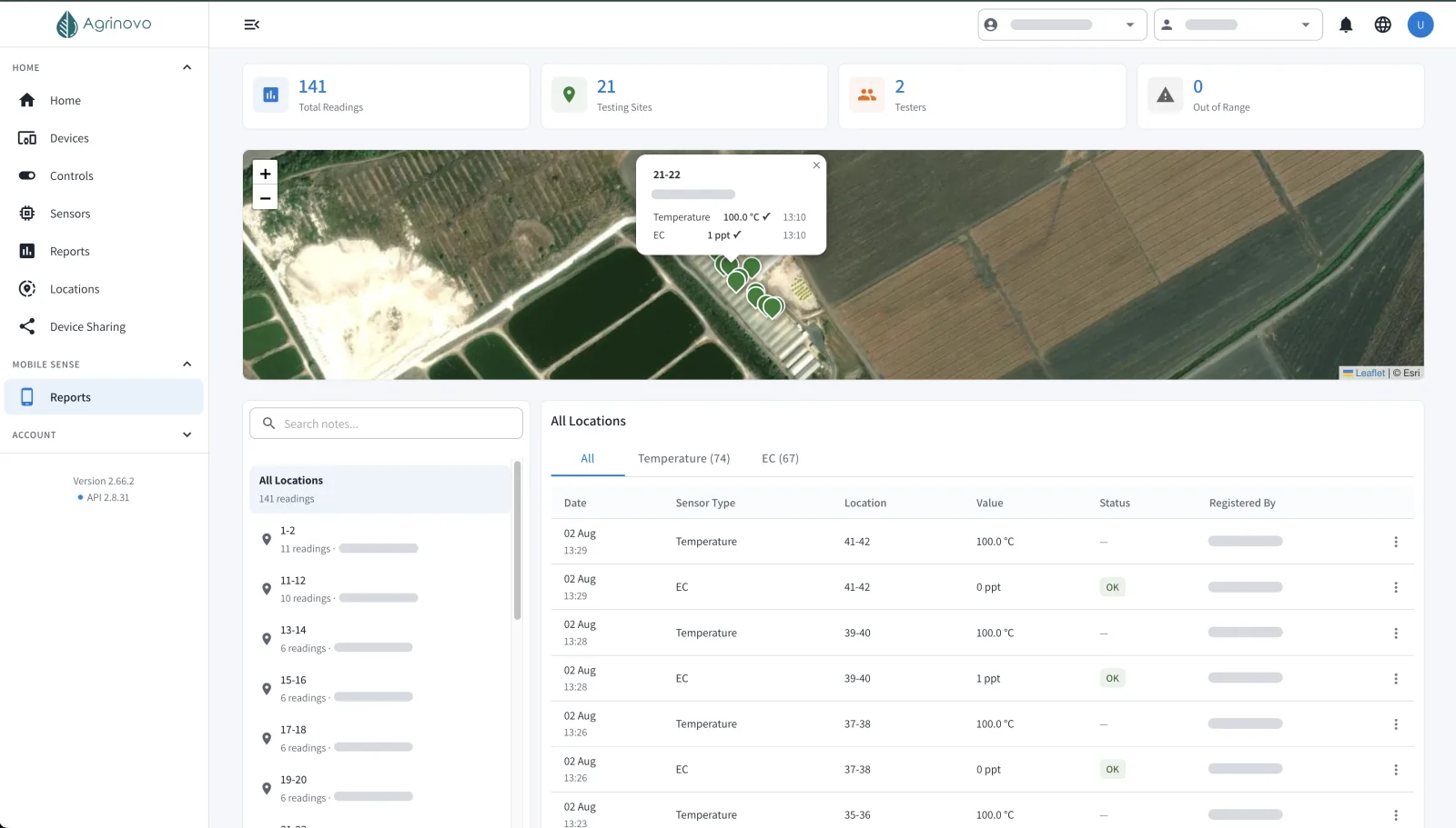 The MobileSense reports screen in OmniCloud showing total readings, testing sites, a map of measurement points and a table of readings by location