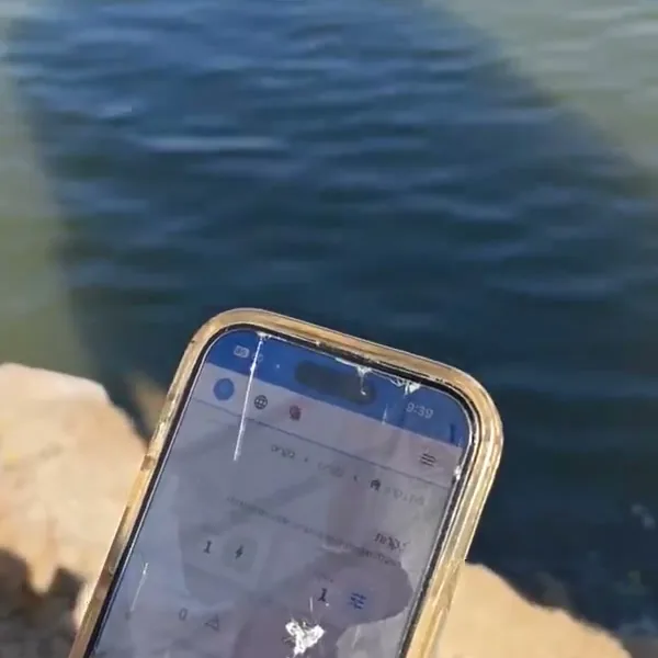 A phone held at the pond edge showing OmniCloud, with the pond and its aerators in the background